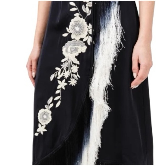 VENUS Black w/ White Embroidered Floral Asymmetric Fringe Wrap Midi Dress Size 8 - Picture 6 of 11